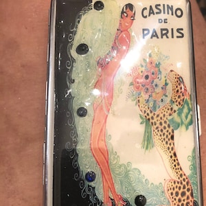 Porta-lenços espelhado Josephine Baker Casino de Paris da década de 1920 ou carteira para cigarros com 2 clipes da década de 120, porta-cartões de crédito