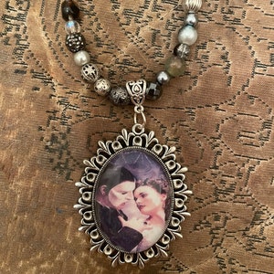 Retro Phantom of the Opera Antique Silver Ornate Spike large Oval Pendant Purple Jasper Silver Crystal Hematite Bead Necklace