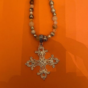 Retro silver Gothic filigree Cross Pendant Jasper Crystal Hematite Bead Necklace
