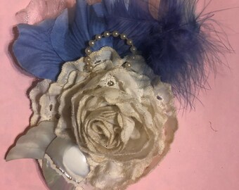 Vintage Ivory Embroidered Ruffled Cotton Flower w/ Blue Feathers Fascinator Brooch Pin Hair Clip