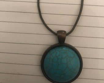 Vintage Bronze Turquoise Blue Round Pendant Snake Chain Necklace - 18”L