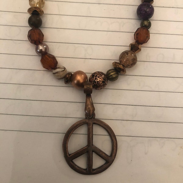 Mod Bronze Peace Sign pendant Jasper Crystal Hematite bead Necklace