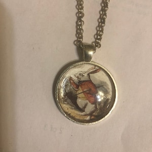 Retro White Rabbit Alice in Wonderland Small Round Silver Pendant Necklace