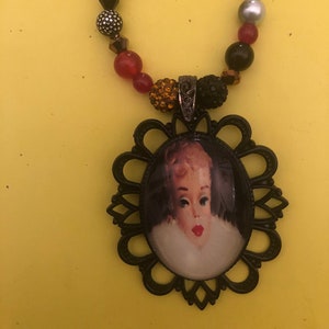 Retro 1950s Glamour Doll Black Lattice Pendant Jasper Dalmatian Crystal Bead Necklace