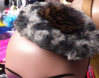 Vintage Gray Faux Persian Fur with Brown Mink Pom Cocktail Hat Fascinator w/ elastic band