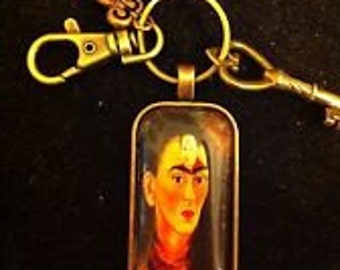 Retro Frida Flowers Silver Key chain w Swivel Clip /& Antique Key