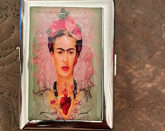 Portasigarette a specchio retrò Frida Flora o Corazon con 1 clip Porta carte di credito aziendali