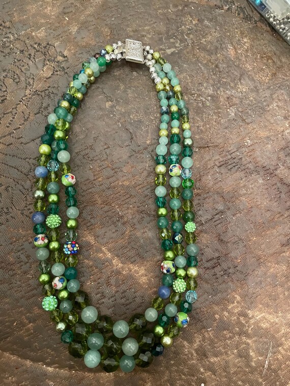 Collier 3 Rangs Perles De Verre Tchèques - Vert - 1940-1950 - Vintage