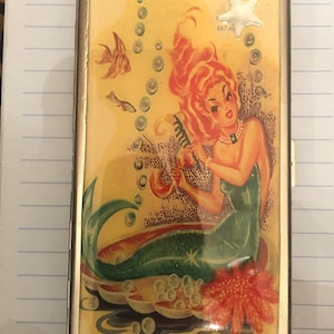 Tissu miroir sirène rousse rétro des années 50, étui portefeuille à cigarettes des années 120, pièce d'identité pour carte de crédit professionnelle Support ou étui 120s à 2 clips