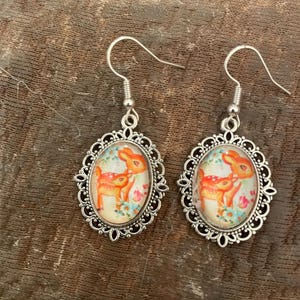 Retro victorian Silver Filigree Bambolina or Fawn in Jardin French ear wire Dangling Earrings
