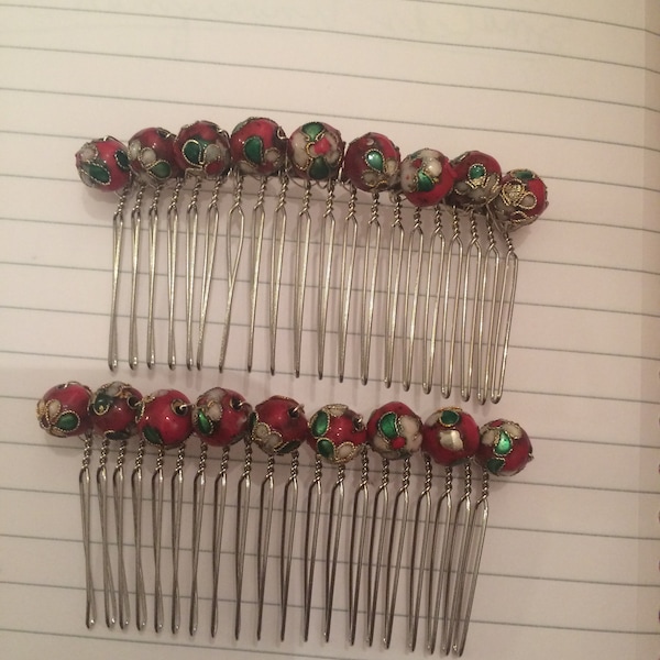 Two (2) Vintage Celadon GREEN  or Ruby Red Flora Cloisonne Enamel Bead Silver Metal Hair Comb Combs