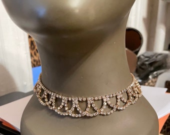 Retro Gatsby Deco French scallop Rhinestone Crystal Gold Choker Necklace