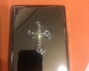 Retro Silver Gothic Cross w/ Swarovski Crystals 2-clip 100s Cigarette Wallet Case Business  Credit Card Holder