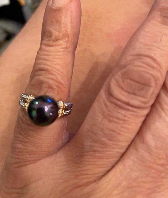 Vintage Black Opal Pearl Silver brass double band… - image 1