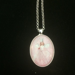 Retro Pink Glinda the Good Witch Wizard of Oz Large Oval Silver Pendant Necklace