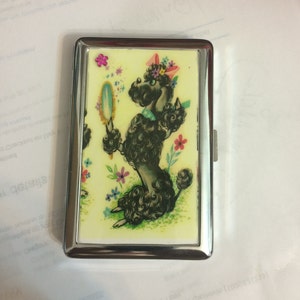 Retro Schwarzer Pudel mit rosa Schleife 2-Clip Zigarette Kreditkarte I.D. Etui Visitenkartenetui