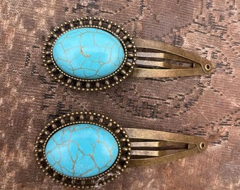Due (2) fermagli per capelli grandi a scatto in bronzo filigranato con cabochon ovale turchese retrò blu retrò in stile retrò
