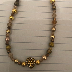 Antique Gold Lion’s Head Pendant Topaz Crystal Bronze Hematite Bead Necklace