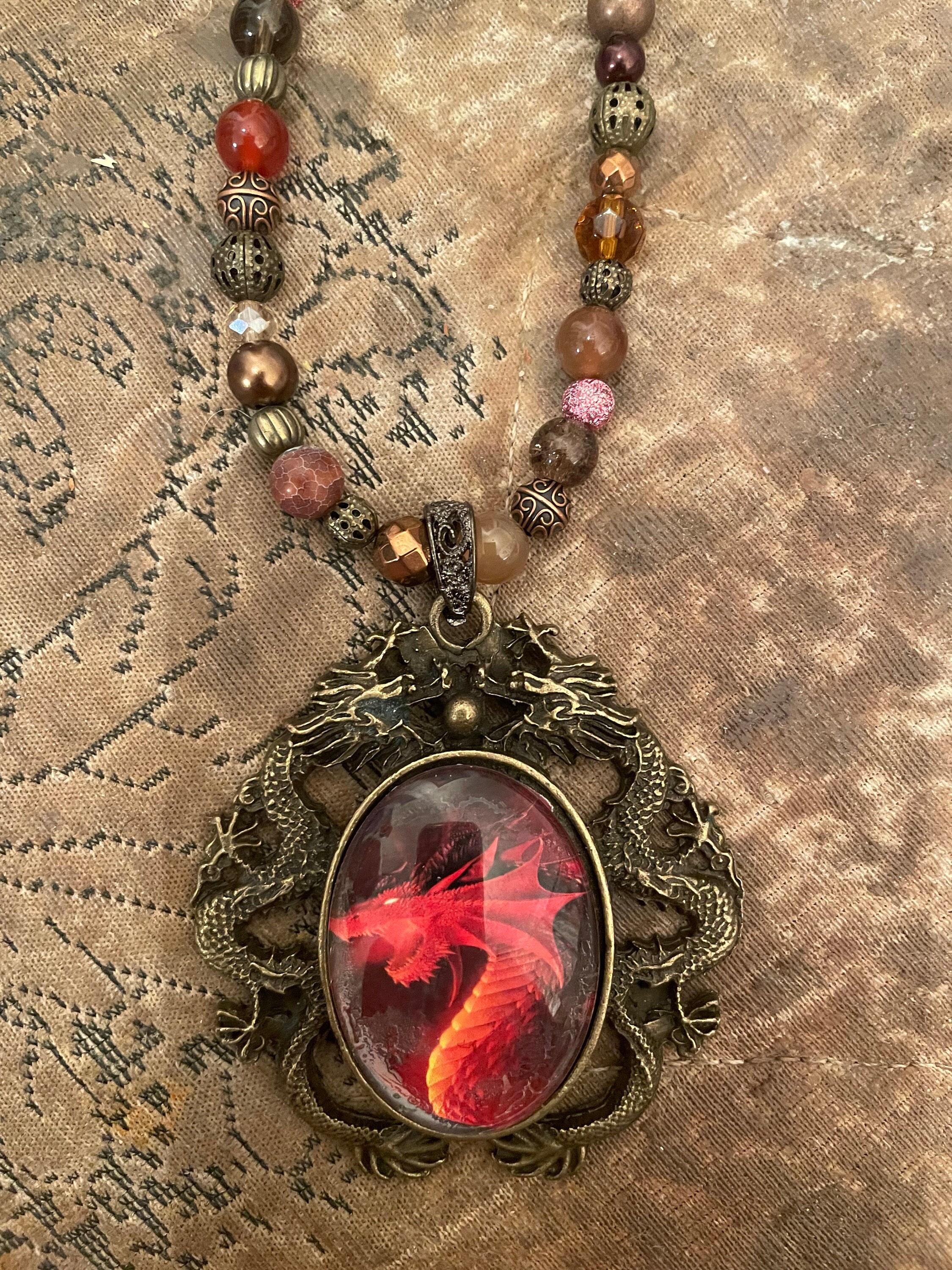 Retro Red Dragon Bronze Filigree Pendant Dragon's Veins Topaz