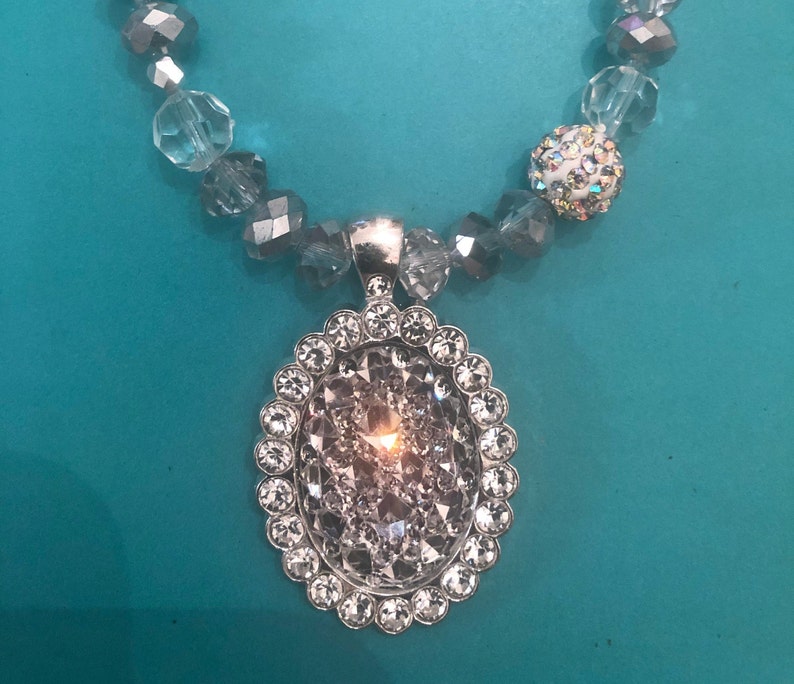 Deco Oval Crystal Pendant Gray Crystal Pave Disco Ball Bead Necklace