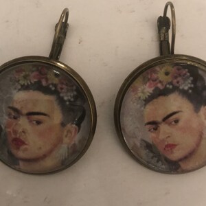 Vintage Bronze Frida Flowers large round drop lever back Earrings