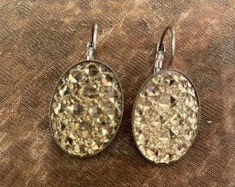 Retro oval Crystal Druzy Cabochon Antique Silver lever back Drop  Earrings