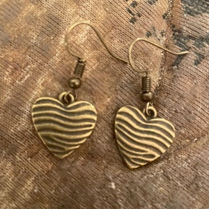 Retro Vintage Brass Beveled Heart Charm French wire dangling Earrings