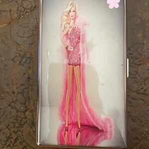 Retro roze maraboe-pop tissuehouder met spiegel of sigarettenportemonnee met 2 clips en 120 sec. creditcardhouder
