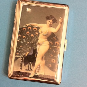 1930s Burlesque Dancer w/ Peacock Feather Fan 2-Clip Cigarette Case Business Credit Card Holder