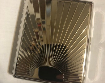 Silver Art Deco Sunbeam 2-clip 100s Cigarette Wallet I.D. Case Business Credit Card Holder