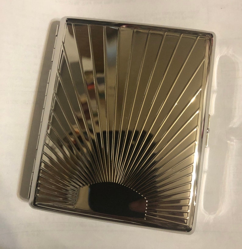 Silver Art Deco Sunbeam 2-clip 100s Cigarette Wallet I.D. Case Business Credit Card Holder 