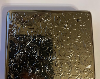 Art Deco Gunmetal or Antique Silver Victorian fleur large rectangle Pill Box w/ 8 compartments and Mirror