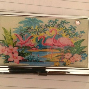 Porte-cartes de visite argent flamant rose rétro porte-cartes de crédit