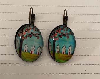 Retro Vintage Brass Oval Wishing Tree Turquoise Blue Cabochon Lever back Earrings