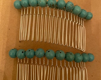 Two Vintage BLUE Turquoise Bead Silver Metal Hair Combs