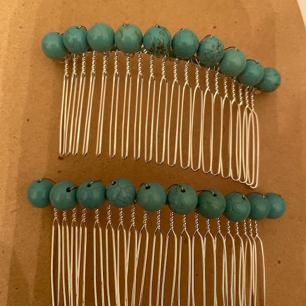 Two Vintage BLUE Turquoise Bead Silver Metal Hair Combs