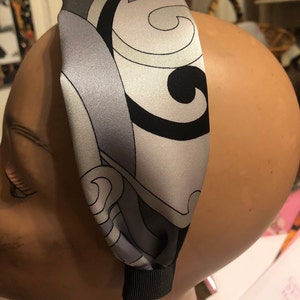 Vintage Black Gray Italian Silk Charmeuse print 2.5&quot; WIDE Headband