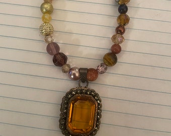 Vintage 1950s topaz crystal Pendant Jasper agate pave bead Necklace