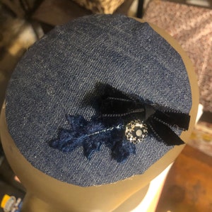 Retro 1920s Blue Denim w/ felt Navy Leaf velvet Bow Crystal Mini Cap Fascinator Hair Clip