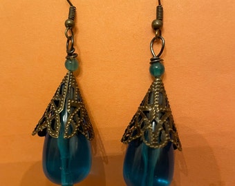 Retro vintage Bronze Gypsy filigree Turquoise Blue Briolette Dangling French wire Earrings