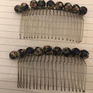 Two Vintage Royal Blue or Turquoise Blue Flora Cloisonne Enamel Bead Silver Metal Hair Comb Combs