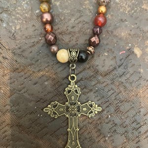 Retro Victorian Gothic filigree Antique Bronze Cross Pendant Jasper Crystal bead Necklace