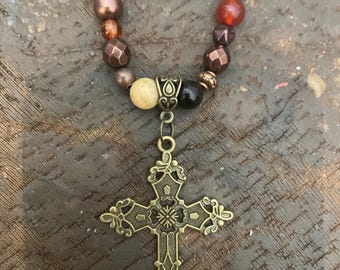 Retro Victorian Gothic filigree Antique Bronze Cross Pendant Jasper Crystal bead Necklace