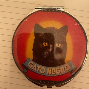 Retro Gato Negro zwarte kat groot Zilveren spiegel compact 4-vaks Pillendoosje Pillendoosje
