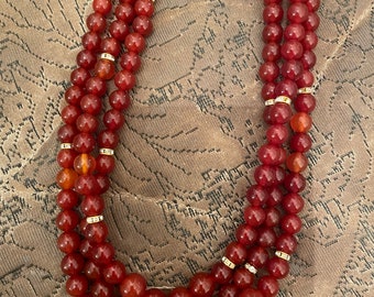 Retro Siena Carnelian Bead w/ crystal rondelles 3-strand Necklace