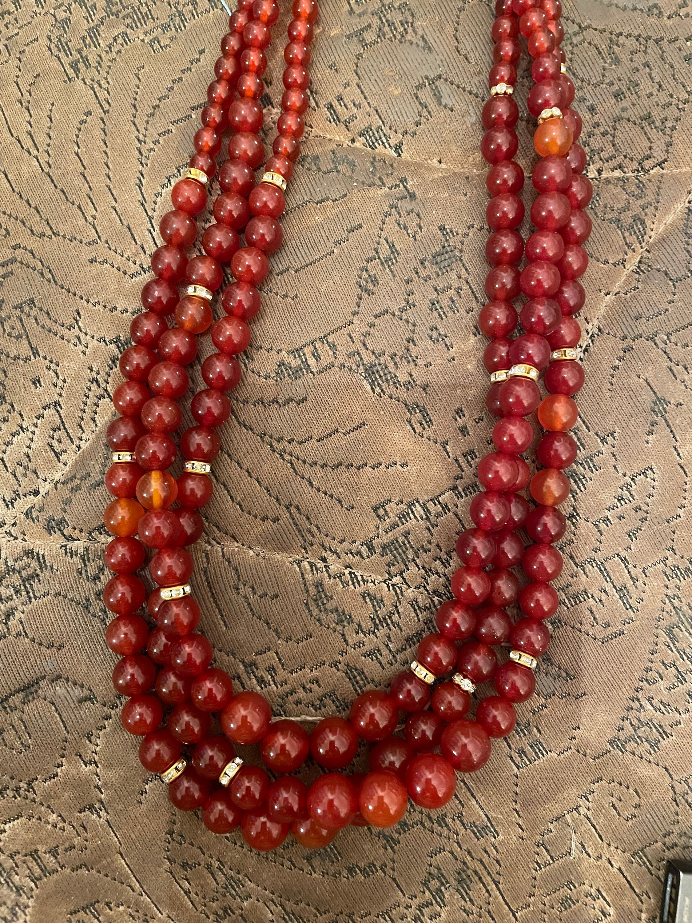 Collier 3 Rangs En Cornaline Tressé Vintage - Longueur 40/48 Cm, Pierre Naturelle, Occasion Authentique