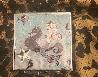 Retro Blue  Mermaid on Seahorse Square Silver Compact Mirror