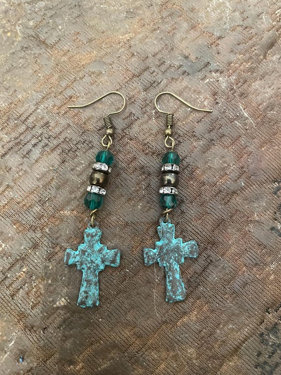 Vintage Green verdigris patina Cross w/ teal crys… - image 1