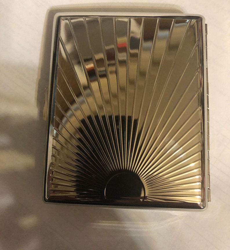 Silver Art Deco Sunbeam 2-clip 100s Cigarette Wallet I.D. Case Business Credit Card Holder image 3