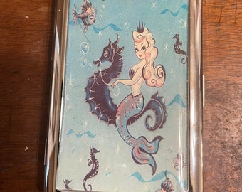 Retro Blue Mermaid 2-clip Silver 100s Cigarette Wallet Case Business Credit Card Holder